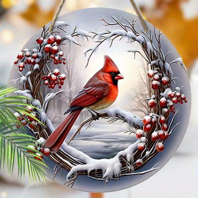 Wood 1pc 2D Cardinalis Red Berry Bird Cardinal Wooden Porch Wreath Remembering Loved Ones Hanging Print Decor for Door, Wall, Home, Room, Farmhouse