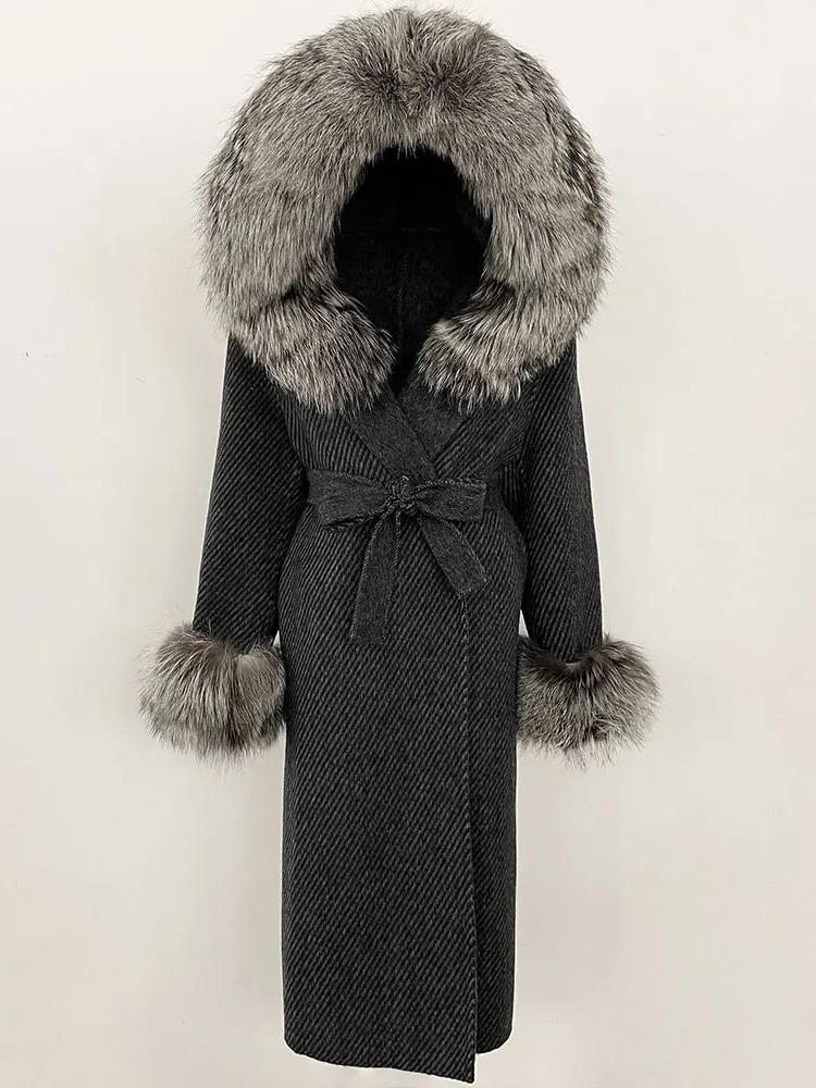 OFTBUY Winter Women Coat Real Natural Fox Fur Hooded Detachable Collar Double-faced Woolen Jacket Long Casual Elegant Overwears