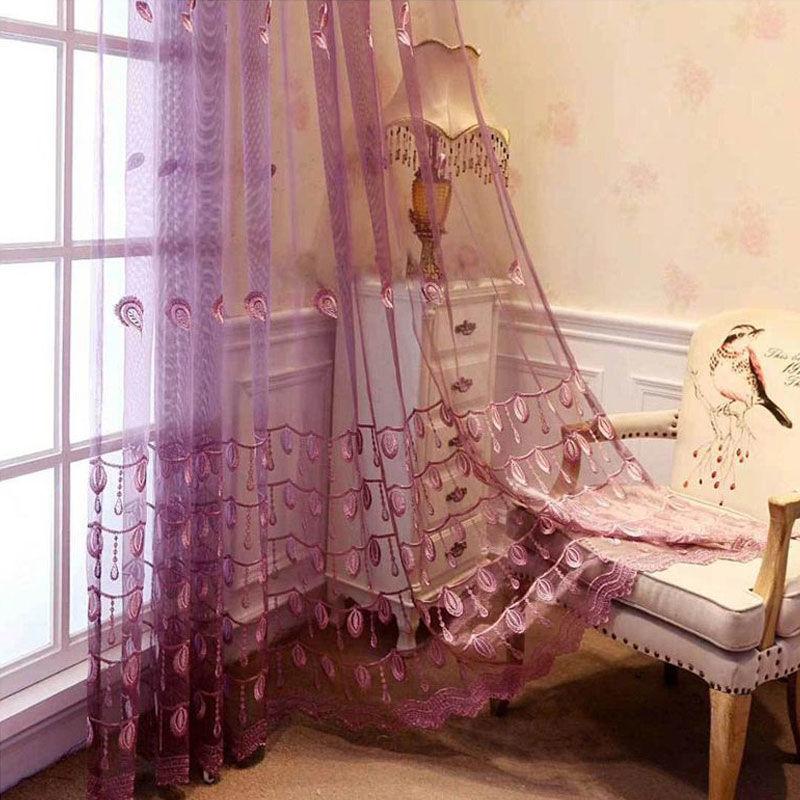 Ekran okienny Haftowany ekran okienny Fioletowy Szary Żółty Gaza Salon Sypialnia Balkon Zasłona zaciemniająca