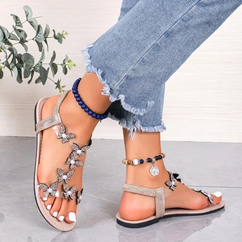 Fashion Women's Shoes 2024 New Elastic Band Women's Sandals Summer Dress Sandals Women Crystal Butterfly Open Toe Plus Size Shoes Women