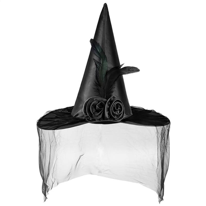 Trend Teen Witch Hat with Black Veil Applique Fashion Adult Teen Flower Witch Hat Halloween Carnivals Cosplay Hat