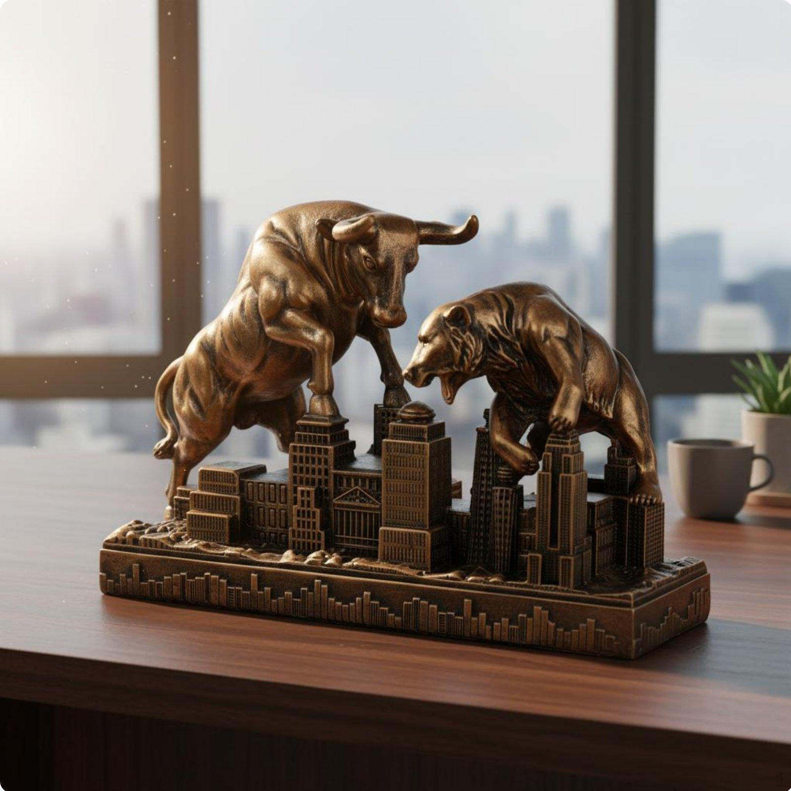Bull and Bear Figurine Resin Craft Rising Falling Market Statue 3D Cityscape Base Stock