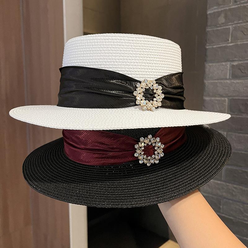 Summer Rhinestone Buckle Satin Webbing Flat Top Straw Hat Women's Outdoor Seaside Breathable Sunshade Sun Protection Beach Sun Hat