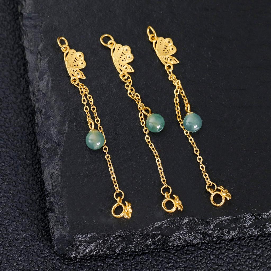 Gold-Plated Silver Butterfly & Jade Flower Tassel Accessory - New Chinese Style DIY Jewelry