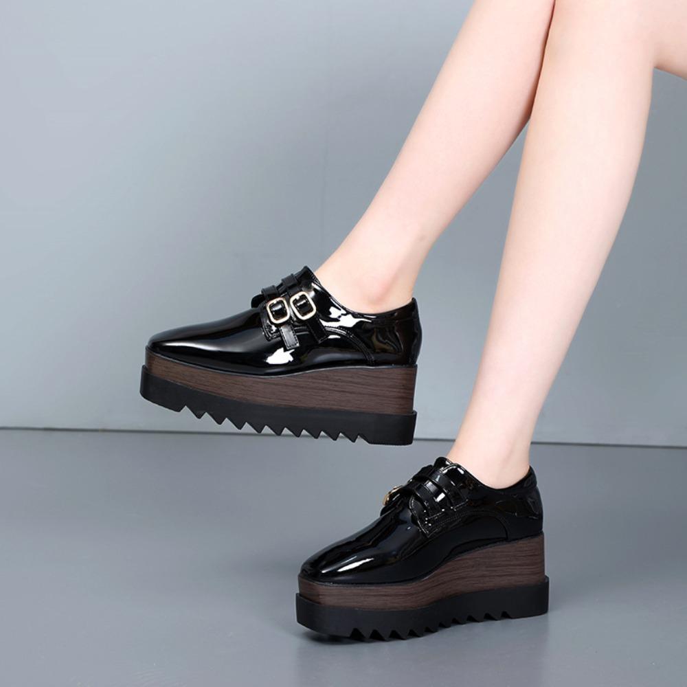 HZB‑761‑8 2026 New Women Patent Leather Lace‑Up Wedge Platform Pumps, British Style Soft‑Sole Versatile Thick‑Sole Casual Leather Shoes