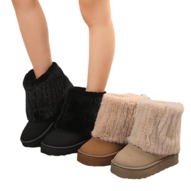 New Thick-soled Round-toe Flip-up Hairy Short Snow Boots Women's Warm Thickened Cotton Shoes