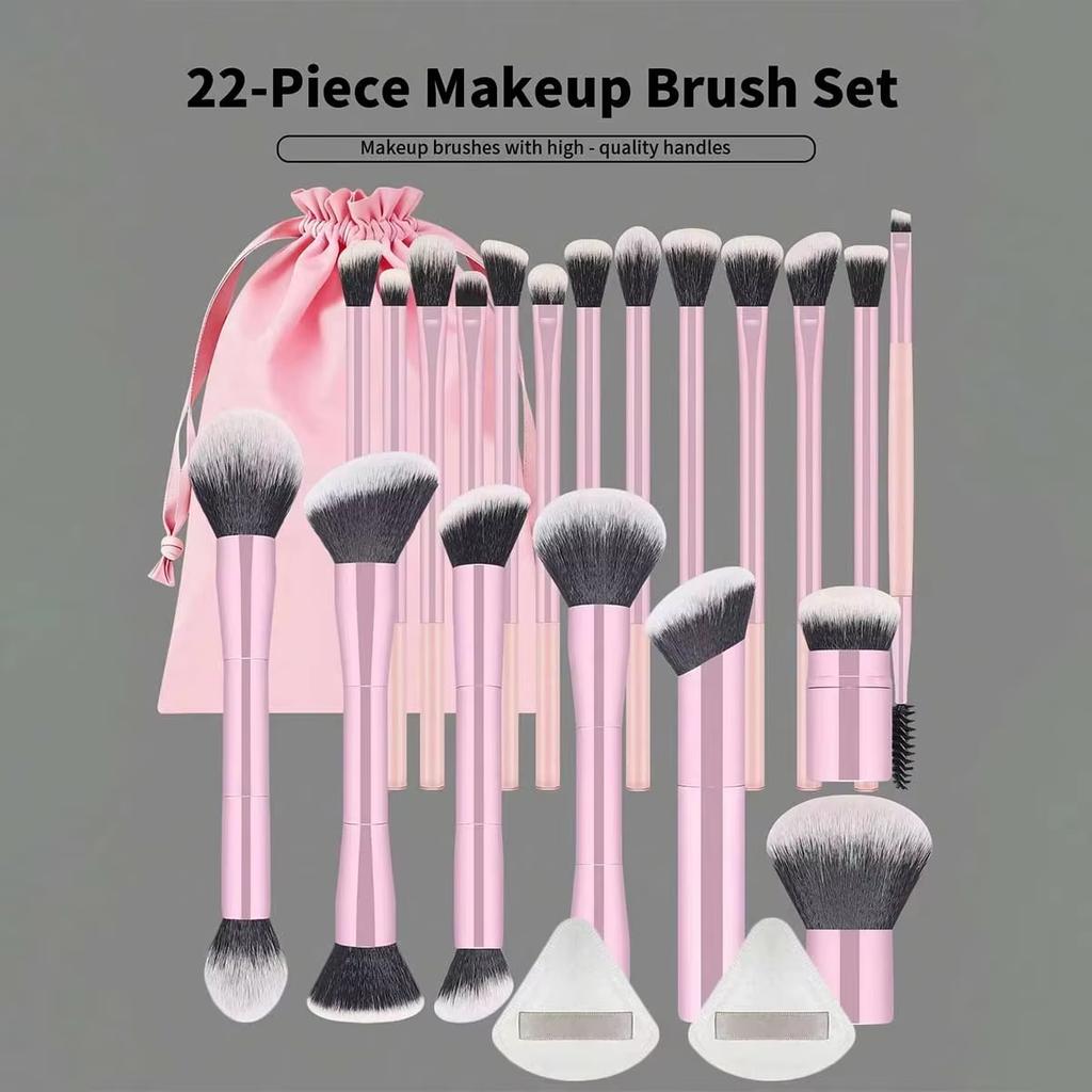 22-teiliges professionelles Make-up-Pinsel-Set, inklusive einer Samt-Aufbewahrungstasche, 20 weiche lange Aluminiumrohr-Pinsel + 2 Puderschwämme
