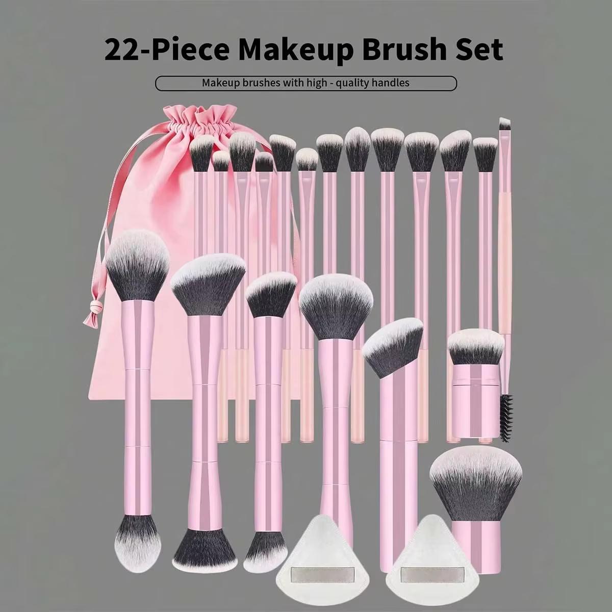 22-delige professionele make-up kwastenset, inclusief een fluwelen opbergtas, 20 zachte lange aluminium buiskwasten + 2 poederdonsjes