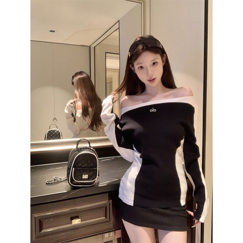 Kumikumi Pure Desire Style Letter Embroidery off-Shoulder Long sleeve Knit Women Autumn Waist Hugging Slimming Versatile Top