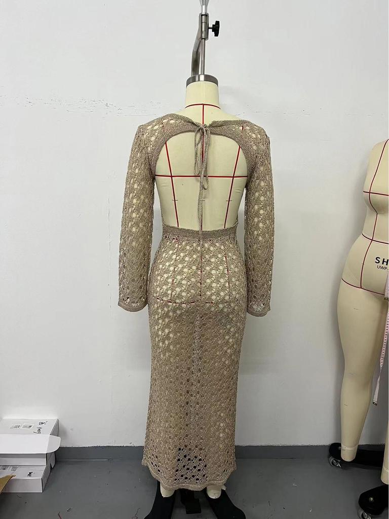2024 Women's European & American Knitted Beach Dress: Hollow Out, Solid Color, Sexy Backless, Tie-Up, Long Sleeve Maxi Dress & Bikini Cover-Up