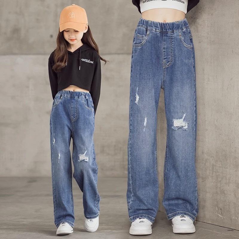 Bestickte Wide-Leg Jeans für Mädchen für Frühling & Herbst - Gerader & Lockerer Schnitt für Kleine & Ältere Mädchen