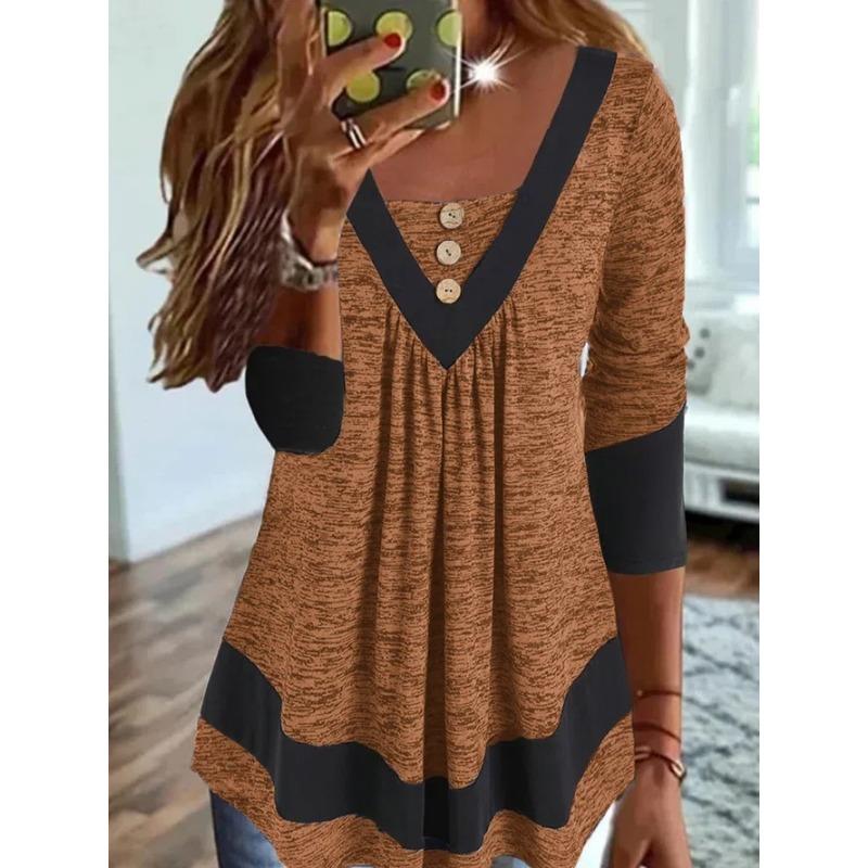 

Осенне-зимний контрастный топ с V-образным вырезом и длинными рукавами, украшенный пуговицами, женские футболки 5XL оранжевый