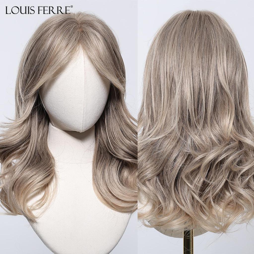 LOUIS FERRE Brown Blonde Ombre Synthetic Wigs for Women Medium Length Wavy Layered Wigs With Side Bangs Daily Party Heat Resistant Fake Hair