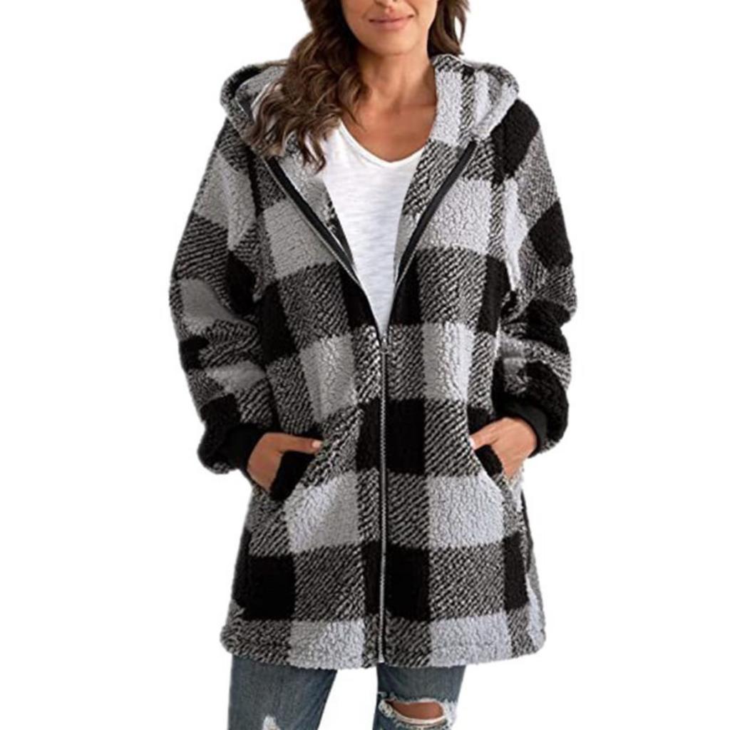 Women's Clothing, Outerwear, Long Sleeved, Checkered, Hooded, Zippered, with Pockets, Loose Jacket
