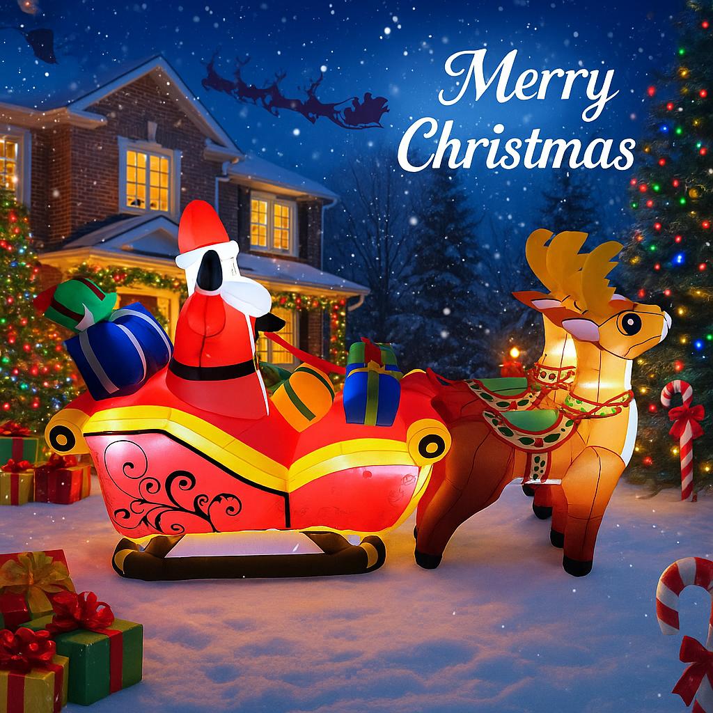 6.8FT Xmas Holiday Inflatable Yard Decor Santa Sleigh with Reindeer LED Christmas Toy Home Decorations Supplies Ornament Gift