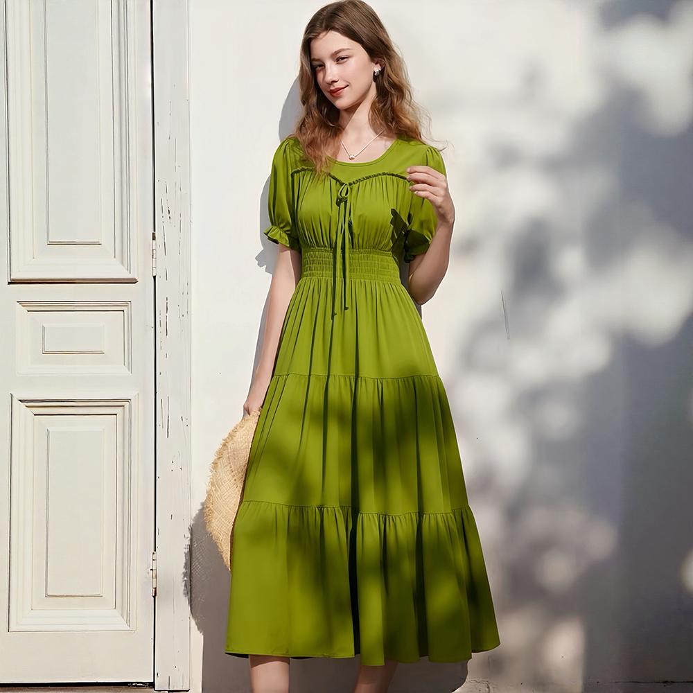 Summer Fashion Poly-cotton Square Collar Short-sleeve Midi Dress for Women Solid-color Puff Sleeve Ruffled Splice A-line Vacation Beach Dress