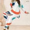 Women Plus Size Round Neck Long Sleeve Printed Longline Top And Fitted Pants Two Piece Set