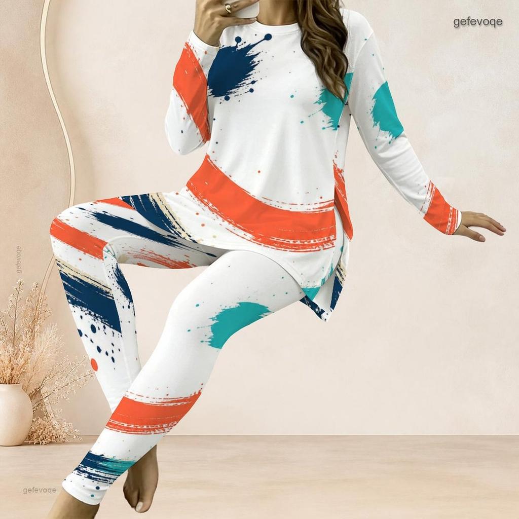 Women Plus Size Round Neck Long Sleeve Printed Longline Top And Fitted Pants Two Piece Set