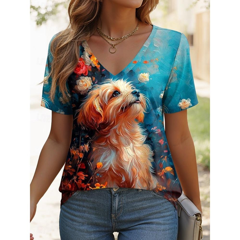 Women's T Shirt Graphic Animal Dog Vintage Stylish Casual Short Sleeve V Neck Regular Tops Daily