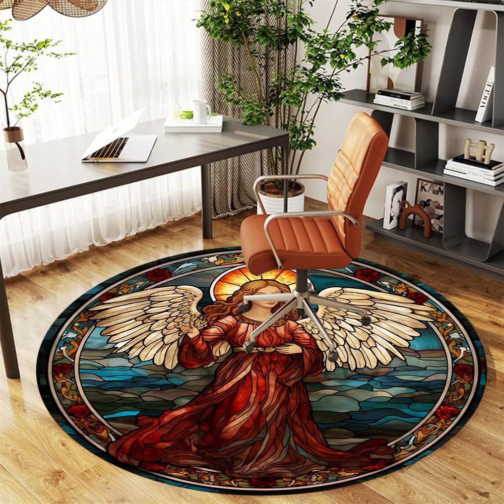 1pc Angel Stained Glass Round Chair mat office Area Rug - Non-Slip, Floor Mat for Office, Bedroom, Ideal home decor gift c0112025