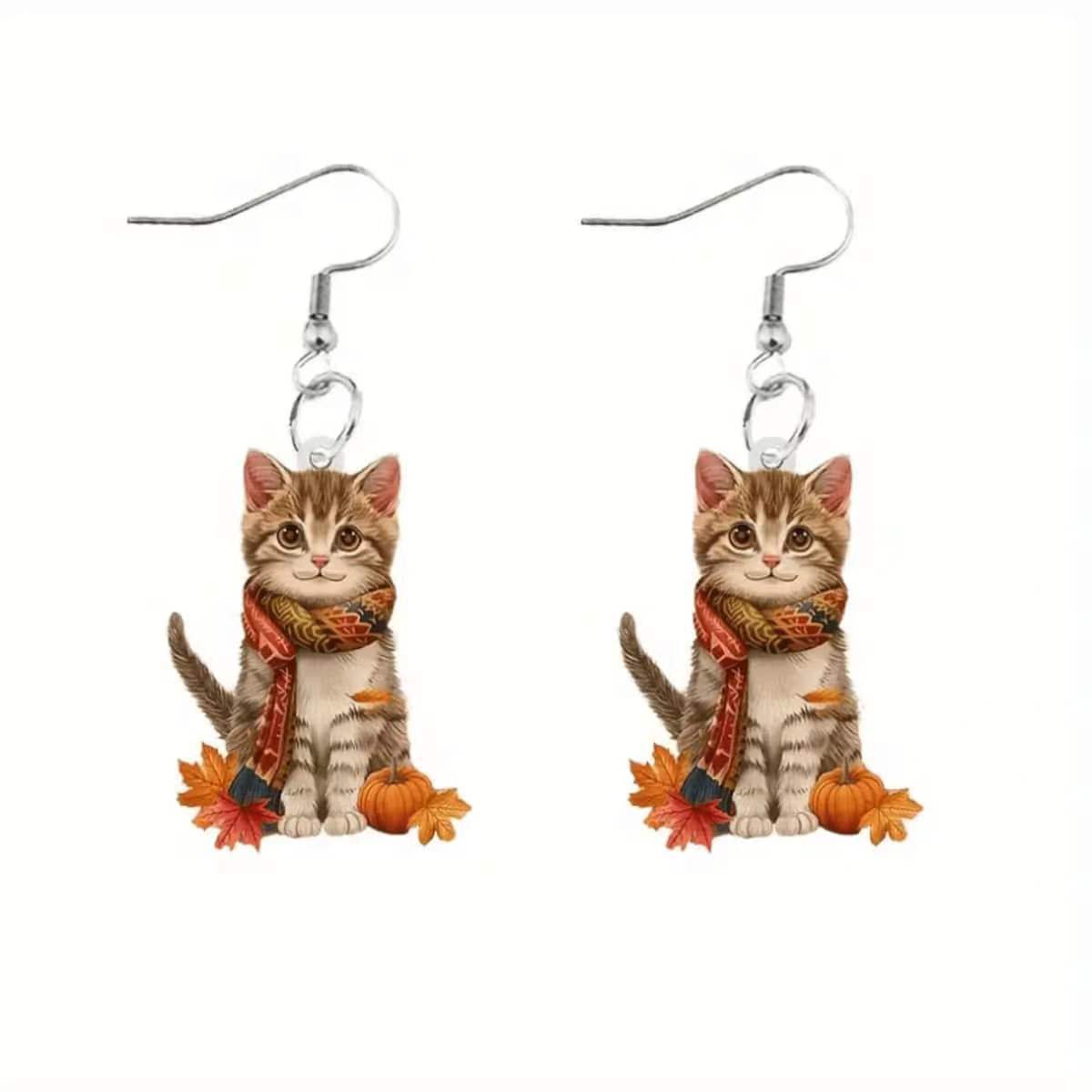 New Acrylic Flat 2D Cat Earrings Creative Hot Home Christmas Cat with Scraf Pendant Earrings Exquisite Gifts Woman Zircon