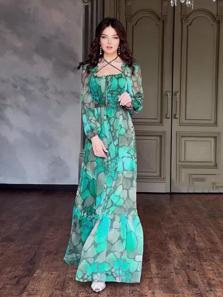 2024 Summer European & American Women's Color Block Print Elegant Long Dress - Slim Fit, Square Neck, Long Sleeves