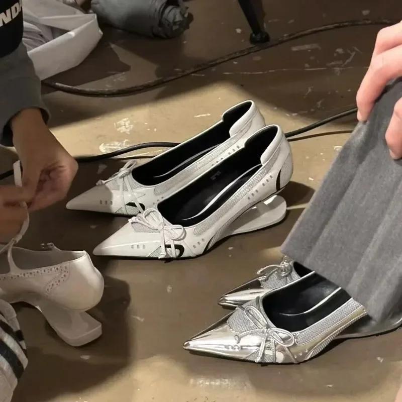 Silver Pointed-toe High Heels 2025 Spring and Autumn New Style Elegant Bow Shallow Mouth Floating Single Shoe Dress