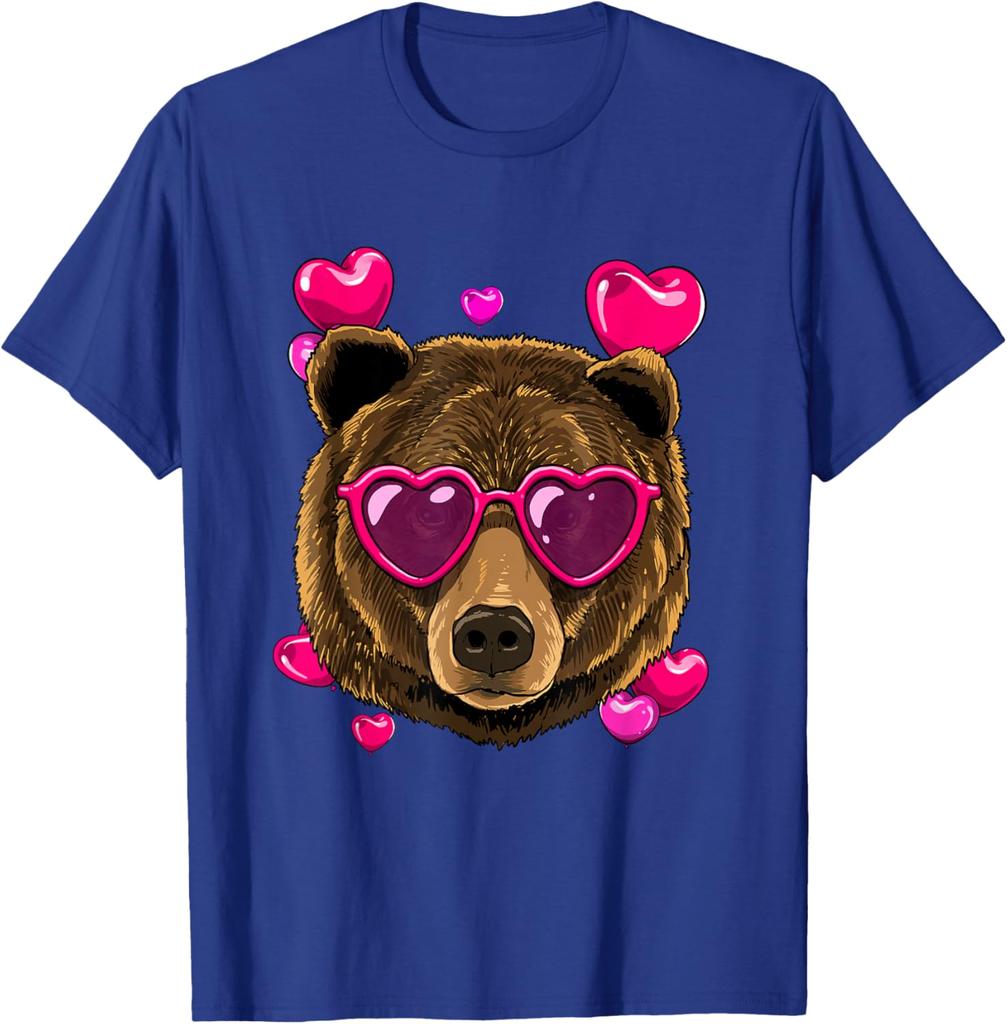Bear Wearing Heart Sunglasses Valentines Day Graphic T-Shirt Casual Cotton Crewneck Tee