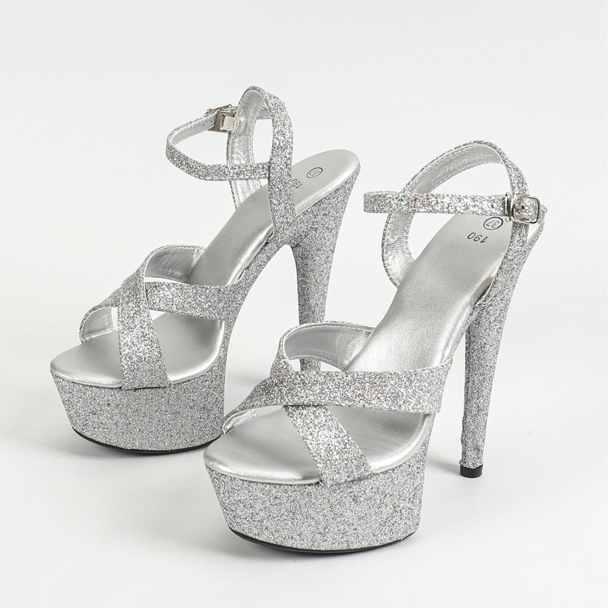 

Женские подиумные туфли на высоком каблуке, тонкий каблук, сексуальные водонепроницаемые босоножки высотой 15 см, летние LFD-8661-W1 40 серебряный