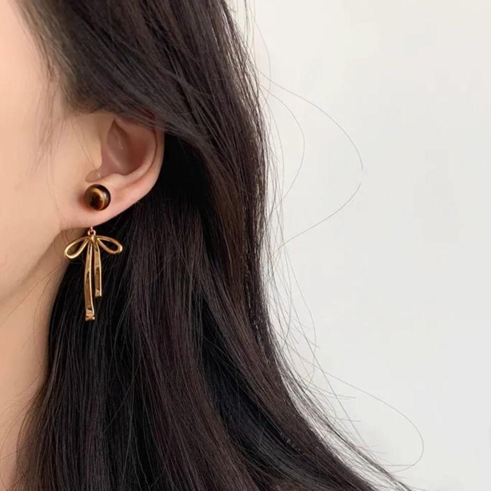 Balletcore Simple Earrings Grey Pearl Piercing Ear Stud Elegant Ribbon Bow Dangle Earrings  Women