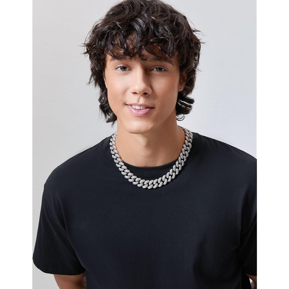 KRKC&CO Miami Cuban Chain Necklace 18mm White Gold Plated with Zirconia Men's Choker Hip Hop Accessory 46cm