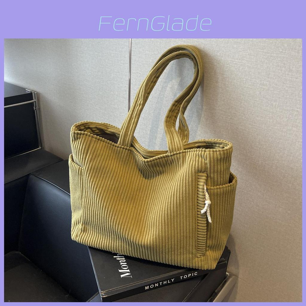 Simple Solid Color Large Capacity Women Corduroy Shoulder Tote Bag For Daily Use