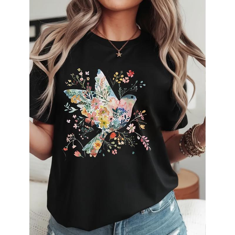 

Круглый вырез, футболка с цветочным принтом, мягкая, приятная для кожи, дышащая футболка, женская удобная футболка, модная футболка с коротким рукавом S чёрный