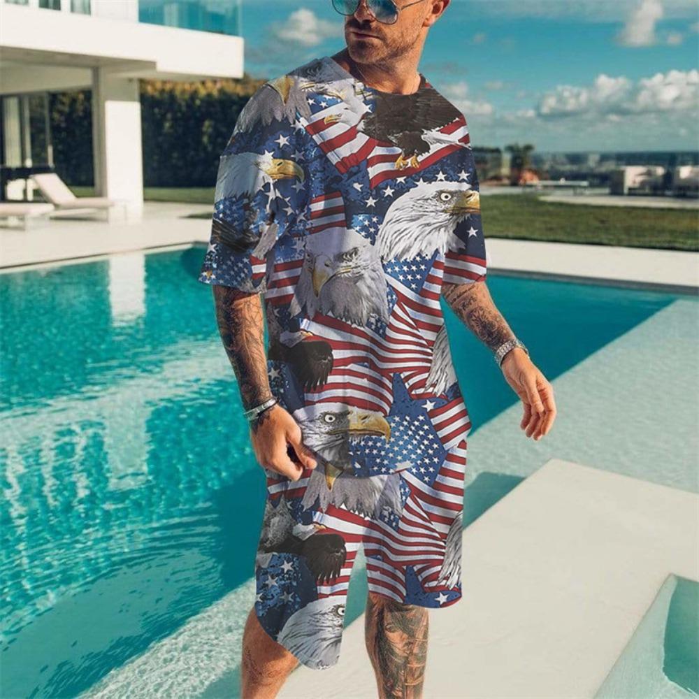 Мужская футболка с пламенным узором, комплект из 2 предметов в стиле хип-хоп, уличные футболки с круглым вырезом, персонализированный пляжный комплект из 2 предметов с короткими рукавами на Гавайях 6XL