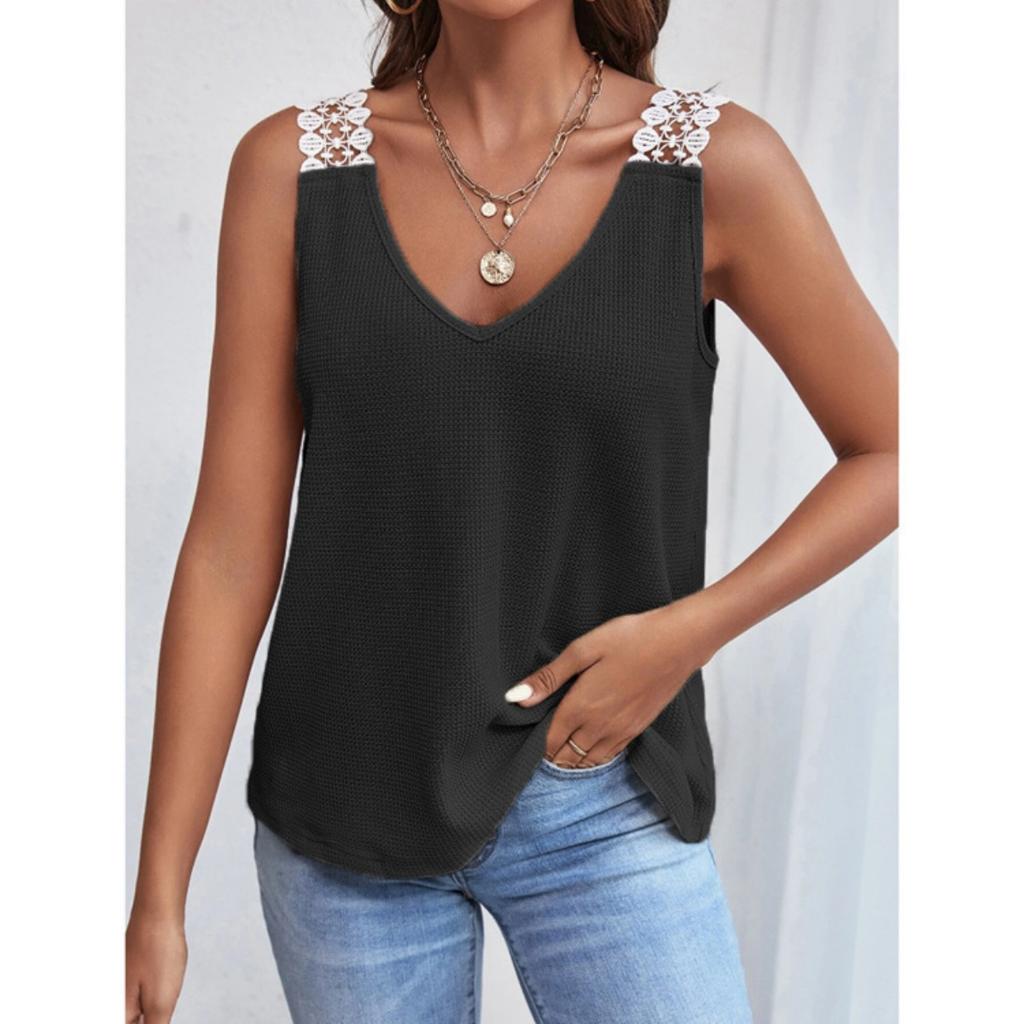 Women's New Solid Color Waffle Lace Splicing Casual Vest T-shirt Top For European American