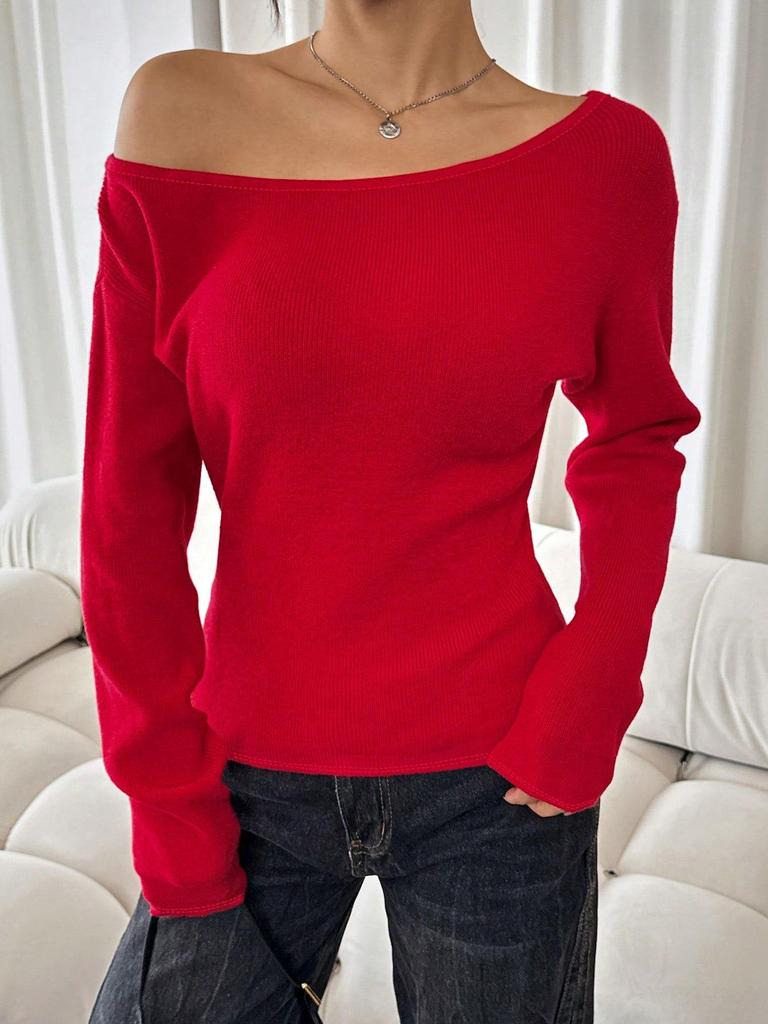 Women's Y2K Solid Color Long Sleeve Knit Sweater with Round Neck & Waist-Cinching Design