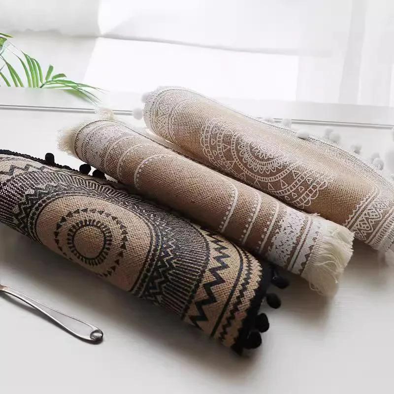4pcs Fabric Waterproof Jute Placemat with Lace Ball Anti-scalding Pot Mat Restaurant Placement Insulation Mat