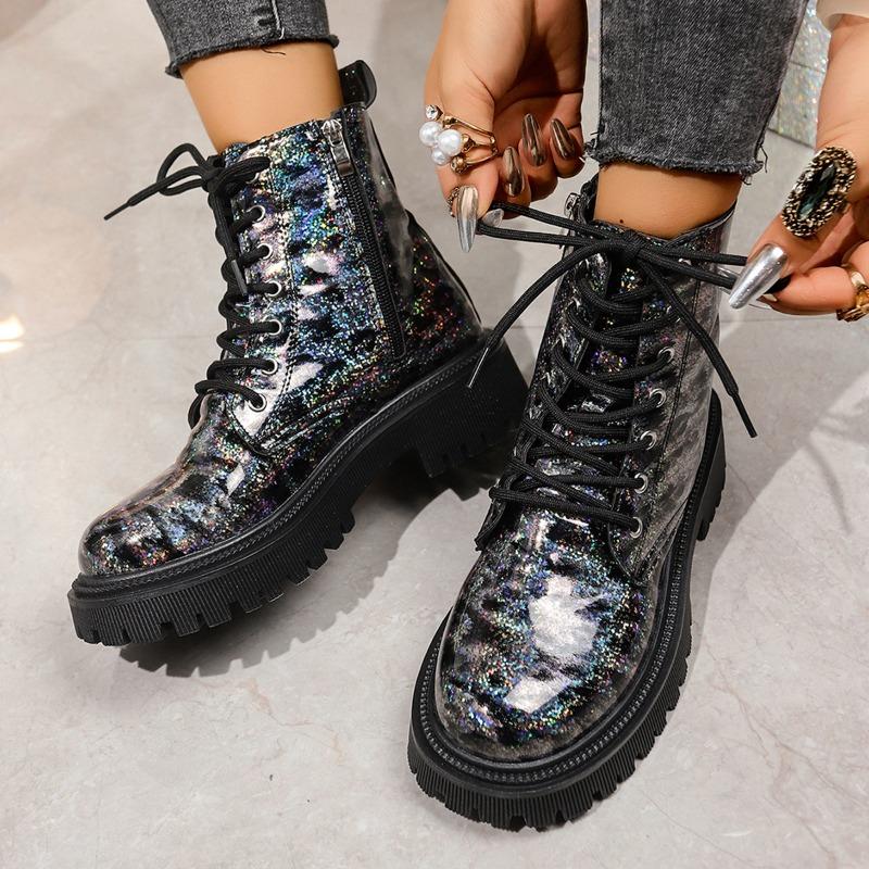 Large size short boots women's autumn and winter new printed round head lace-up low-heeled high-top Martin boots women's boots