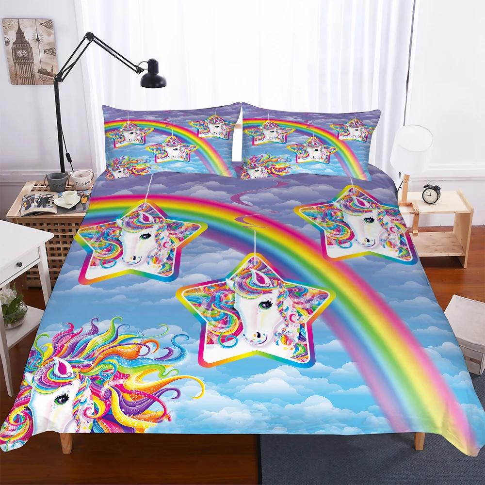 Reactive Printing Blue Sky Unicorn Duvet Cover Set Home Textile Unicorn Bedding Set Cartoon 135x200 Housse De Couette Cute BB580