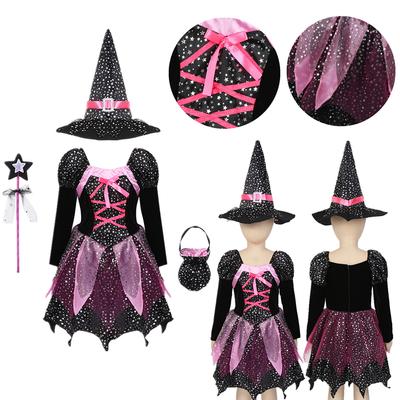 Kinder Mädchen Halloween Hexenkostüm Glitzernde silberne Sterne Bedrucktes Karnevals-Cosplay-Kleid mit spitzem Hut Zauberstab Verkleidungskleidung