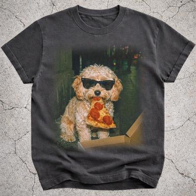 T-shirt Maltipoo Mangeant de la Pizza, T-shirt Drôle Chien Pizza Meme, T-shirt Graphique Chien Moelleux Rigolo, Cadeau Original pour Amoureux de la Pizza pour Maman Papa Chien