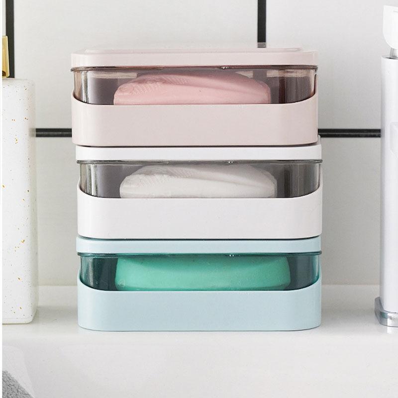 Soap Box with Double-layer Lid for Draining Water, No Need To Drill Holes, Laundry Soap and Soap Box Storage Rack