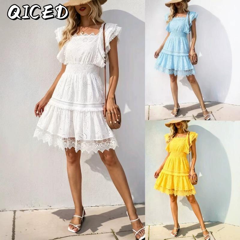 QICED Fashion Solid Color Print Square Collar Short Sleeve Casual Dresses
