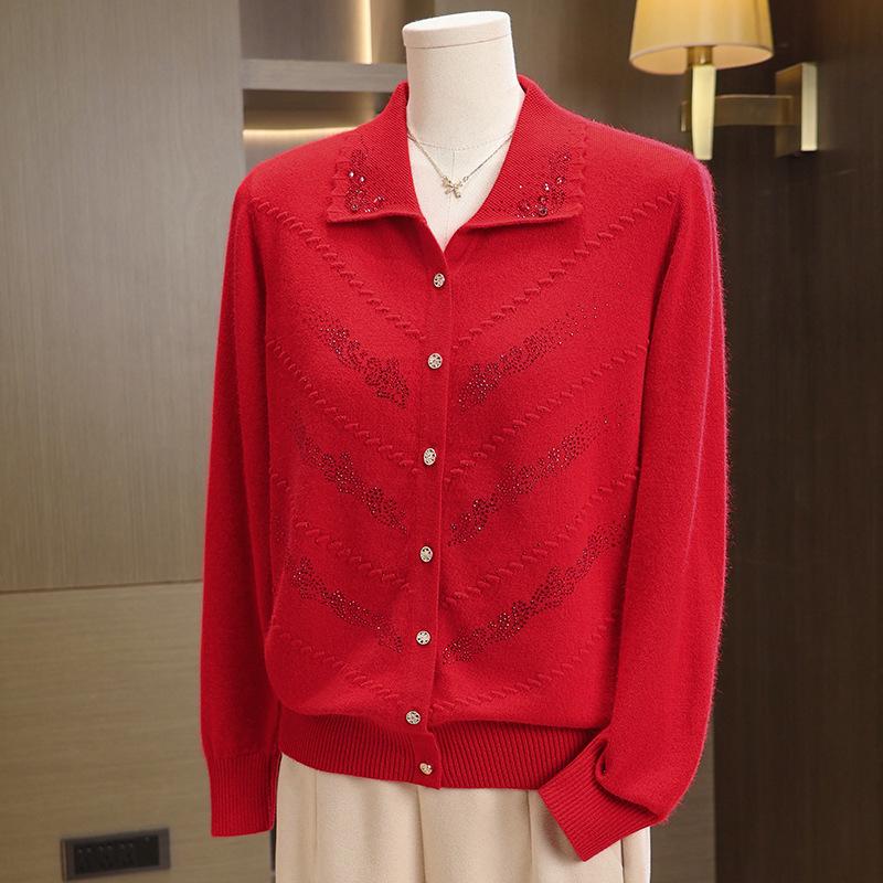 Elderly Women's Pure Wool Knitted Cardigan, Loose Plus Size Outerwear for Spring and Autumn