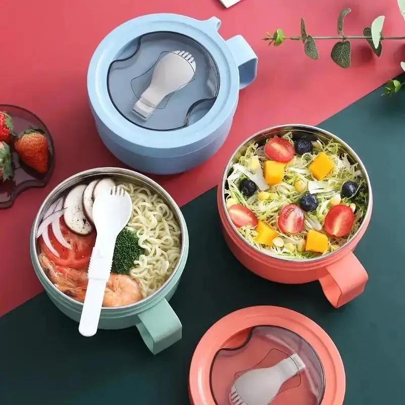 Balde de isolamento de alimentos de aço inoxidável de 450 ml, talheres dobráveis portáteis, lancheira de colarinho branco para estudantes, selada e à prova de vazamentos