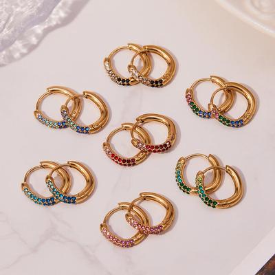 Qiong Yao 18k Gold Plated Stainless Steel Colorful Diamond Small Hoop Clip-on Earrings