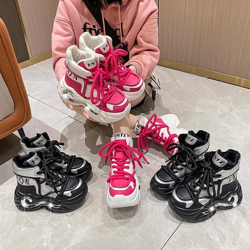 Fashion 8CM Fashion Women Chunky Platform Motorcycle Boots White Lace Up Thick Bottom Shoes Woman Autumn Winter Ankle Botas De Mujer