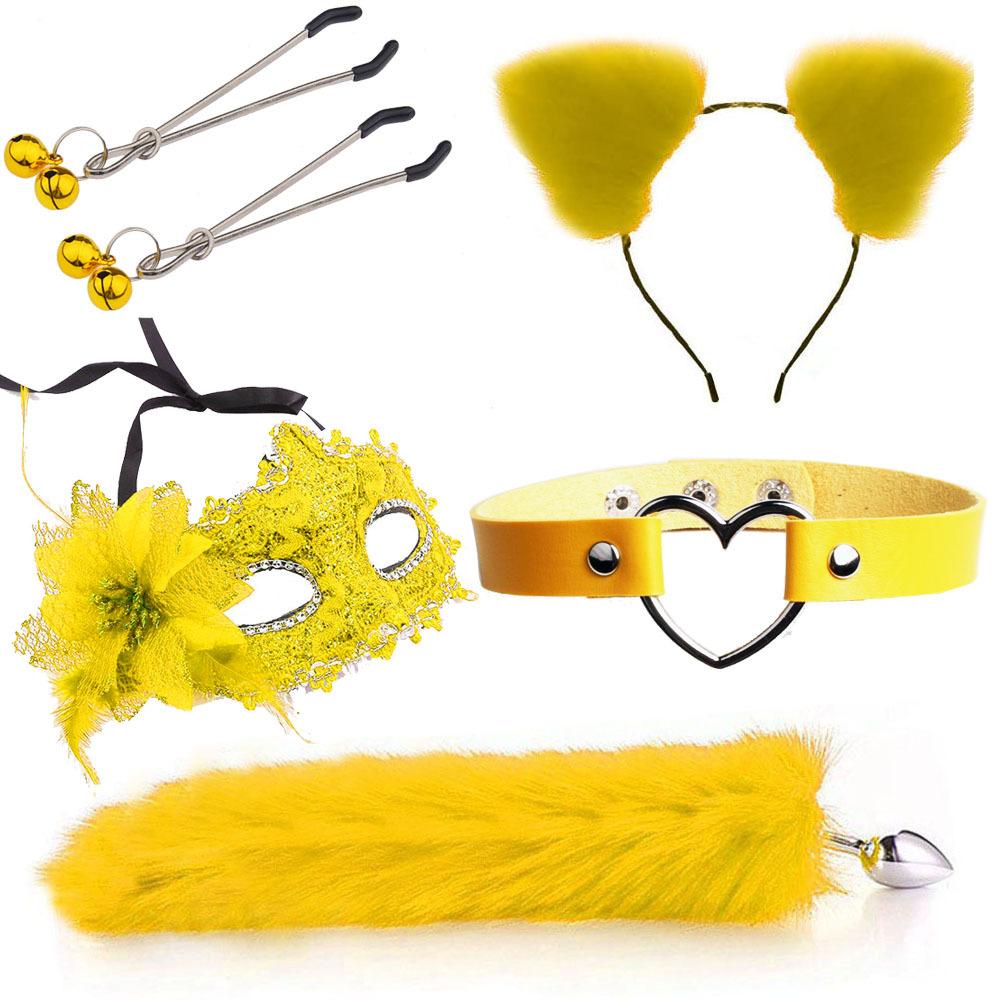Niedlicher Fuchsschwanz Anal Plug Maske Katzenohren Stirnbänder Set Erotikspiele Nippelclip Halsband Erotik Cosplay Sexspielzeug für
