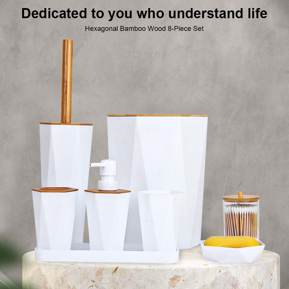 8Pcs Bathroom Set with Soap Dish Dispenser Trash Can Toilet Brush Bathroom Ensemble - Soap Dish Dispenser Trash Can Toilet Brush