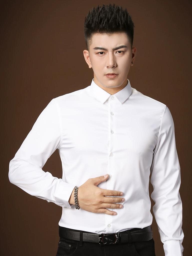 European Style Solid Color Long-Sleeve Shirt, Trendy Men's Fashion Top, Slim-Fit Base Shirt, Casual High-End Shirt
